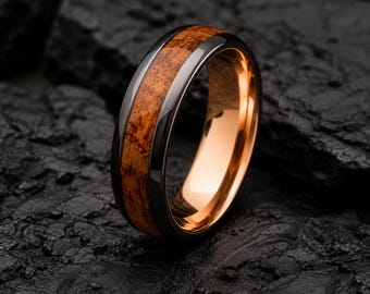 Whiskey Barrel & Grey Tungsten Steel Ring | 6mm | Unique Wedding Band and Gift | Mens and Womens Jewellery | Personalised Engravement