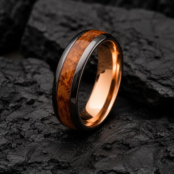 Whiskey Barrel & Grey Tungsten Steel Ring | 6mm | Unique Wedding Band and Gift | Mens and Womens Jewellery | Personalised Engravement