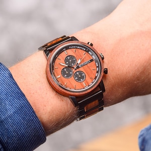 Men&#39;s Chronograph Wooden Watch - Rosewood and Black | Stainless Steel Case | Luxury Handmade Gift for Him | 44mm | Watch Collectors