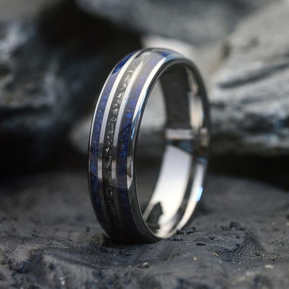 Mens Tungsten Ring | Lapis Lazuli & Meteorite Stone 6MM | Unique Gift or Wedding Band