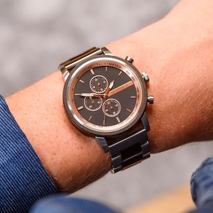 Men&#39;s Chronograph Wooden Watch - Sandalwood and Rosegold | Stainless Steel Case | Luxury Handmade Gift for Him | 44mm | Watch Collectors