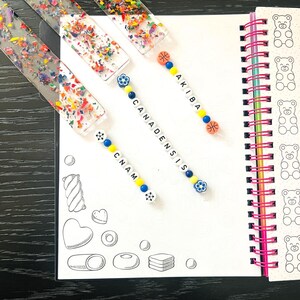 May include: Three clear resin bookmarks with colorful confetti and beaded accents. Two bookmarks have the text "CNAM" and "AKIBA" spelled out with letter beads. A notebook with a bear design is also visible.