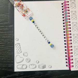 May include: A clear resin bookmark with colorful confetti and a beaded charm that reads "CANADENSIS" in white letters. The bookmark is placed on a white notebook with candy-themed illustrations and a spiral binding.