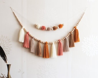 Blush pink and mustard tassel garland for baby girl nursery decor, Wall decor over the bed, Girls room bunting, Wood bead window decoration