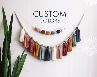 CUSTOM colors yarn tassel garland for mantle, Baby nursery bunting, Bedroom wall decor over the bed, Wood bead kids room wall hanging