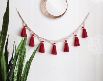 Red tassel Christmas garland for mantle, Boho over the bed wall decor, Wood bead black tassel garland, Christmas tree decor, macrame bunting