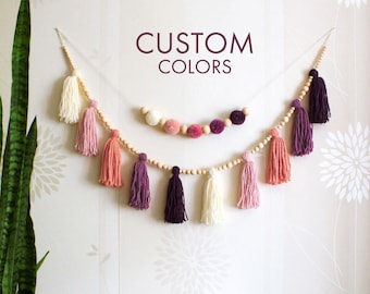 CUSTOM colors tassel garland for mantel. Baby nursery bunting. Bedroom wall decor over the bed. Boho wood bead wall hanging. Window banner