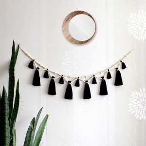 Wood bead black tassel garland for mantel. Gothic nursery decoration. Boho witchy wall decor over the bed. Hippie Halloween window bunting