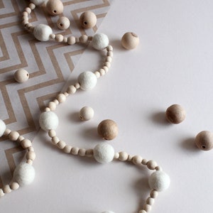 White felt ball wood bead garland for mantle, Boho bedroom wall decor over the bed, Hygge Christmas tree garland, Ivory wool pom pom bunting image 2