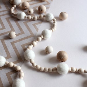 White felt ball wood bead garland for mantle, Boho bedroom wall decor over the bed, Hygge Christmas tree garland, Ivory wool pom pom bunting 1 - ivori