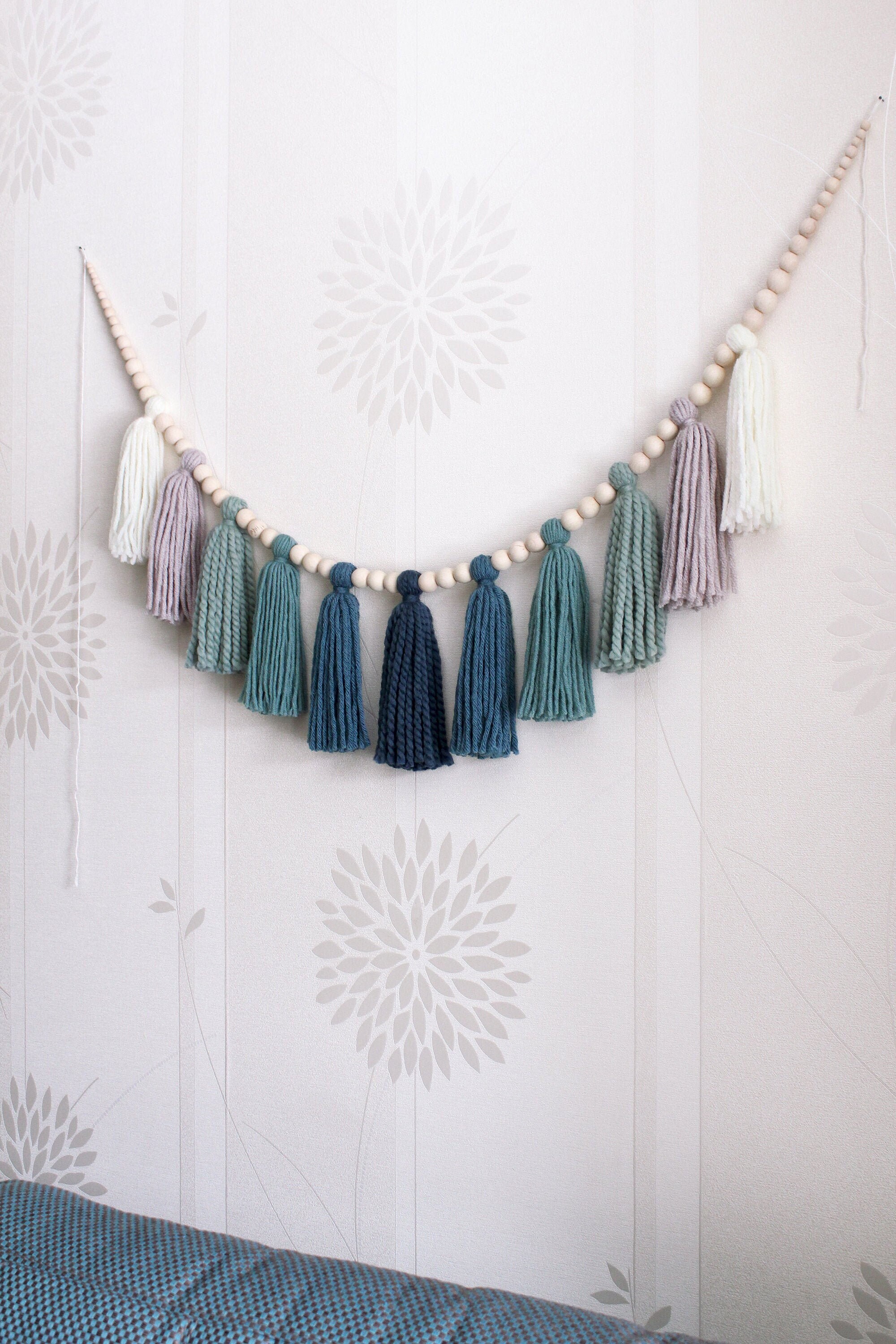 Handmade tassel garland for mantel. Baby boy ocean nursery bunting. Turquoise navy blue over bed wall decoration. Nautical classroom decor
