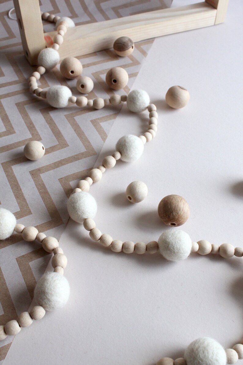 White felt ball wood bead garland for mantle, Boho bedroom wall decor over the bed, Hygge Christmas tree garland, Ivory wool pom pom bunting 1 - ivori