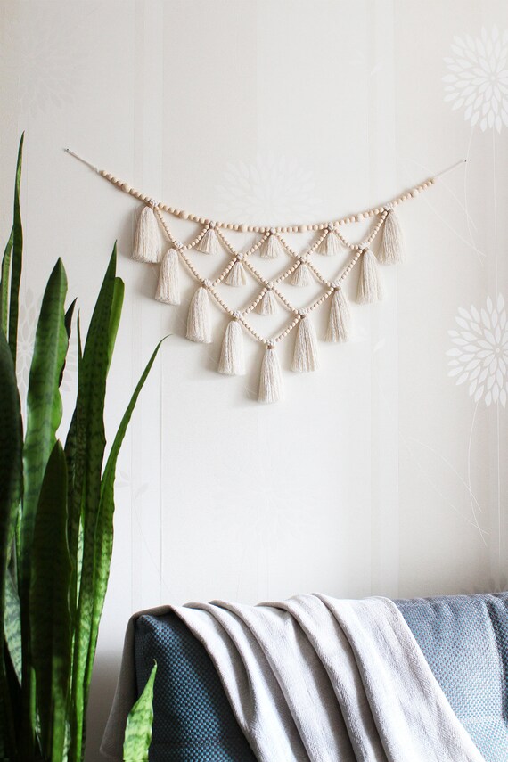 White Tassel Wall Decor for Baby Nursery Neutral Boho Wood Etsy