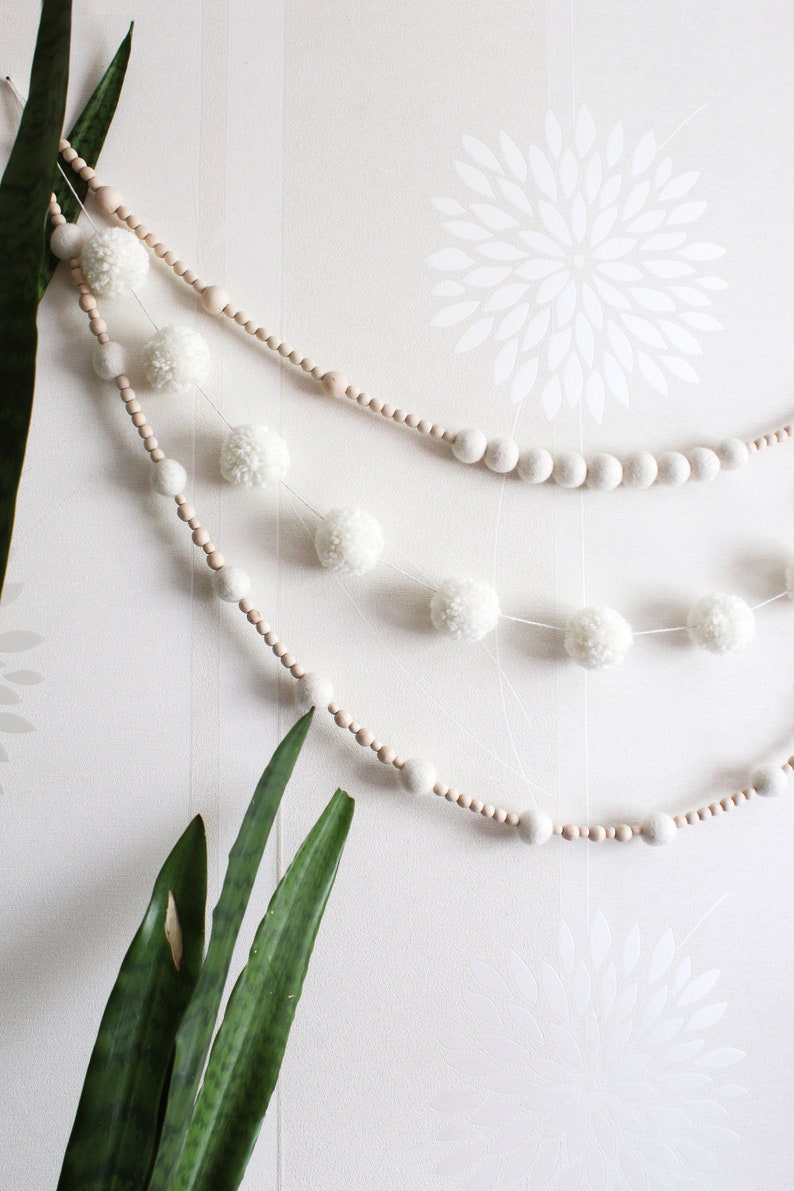 White felt ball wood bead garland for mantle, Boho bedroom wall decor over the bed, Hygge Christmas tree garland, Ivory wool pom pom bunting image 3