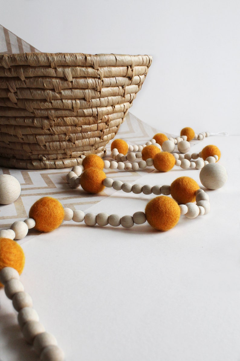 White felt ball wood bead garland for mantle, Boho bedroom wall decor over the bed, Hygge Christmas tree garland, Ivory wool pom pom bunting 5 – ochre