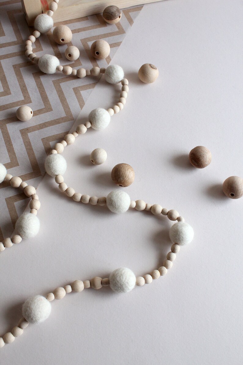 White felt ball wood bead garland for mantle, Boho bedroom wall decor over the bed, Hygge Christmas tree garland, Ivory wool pom pom bunting image 2