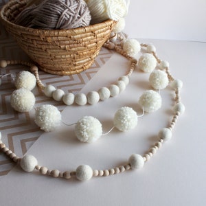 White felt ball wood bead garland for mantle, Boho bedroom wall decor over the bed, Hygge Christmas tree garland, Ivory wool pom pom bunting image 4