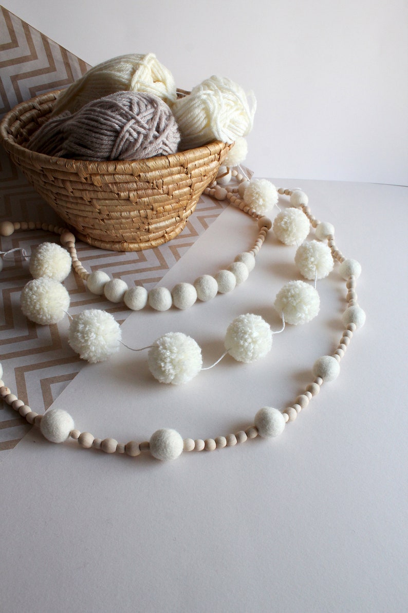 White felt ball wood bead garland for mantle, Boho bedroom wall decor over the bed, Hygge Christmas tree garland, Ivory wool pom pom bunting image 4