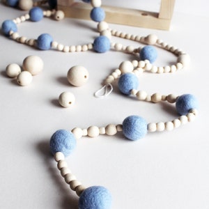 White felt ball wood bead garland for mantle, Boho bedroom wall decor over the bed, Hygge Christmas tree garland, Ivory wool pom pom bunting 21 – ice blue