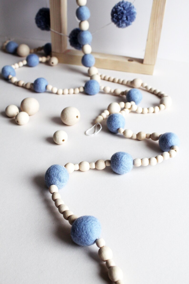 White felt ball wood bead garland for mantle, Boho bedroom wall decor over the bed, Hygge Christmas tree garland, Ivory wool pom pom bunting 21 – ice blue
