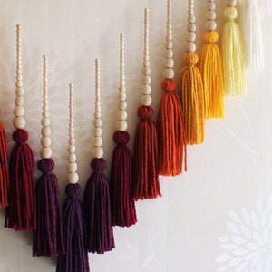 Large handmade yarn wall hanging, Fiber art fall wedding backdrop, Yellow terracotta purple tassel garland, Boho bedroom over bed wall decor image 2