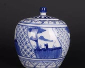 Chinese antique porcelain lidded jar,Qing Dynasty imperial porccelain Kangxi marked blue and white hand painted porcelain tea jar,jug pot