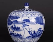 Chinese antique porcelain lidded jar,Qing Dynasty imperial porccelain Kangxi marked blue and white hand painted porcelain tea jar,jug pot