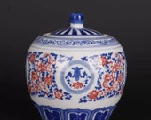 Chinese antique porcelain lidded jar,Qing Dynasty imperial porccelain Kangxi blue and white underglaze red hand painted porcelain tea jar