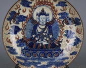 Chinese antique porcelain plate,Qing Dynasty Kangxi marked blue and white underglaze red porcelain plate Langhong red glaze buddha pattern