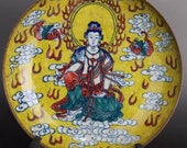 Chinese antique porcelain plate,Qing Dynasty Chinese art Kangxi marked famille rose porcelain plate yellow ground gold painted buddha plate