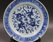Chinese antique porcelain dish,Qing Dynasty Kangxi blue and white hand painted dragon pattern porcelain plate ceramic vintage collection