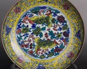 Chinese antique porcelain plate,Qing Dynasty art Kangxi marked famille verte gold painted porcelain plate blue ground painted with foo dod