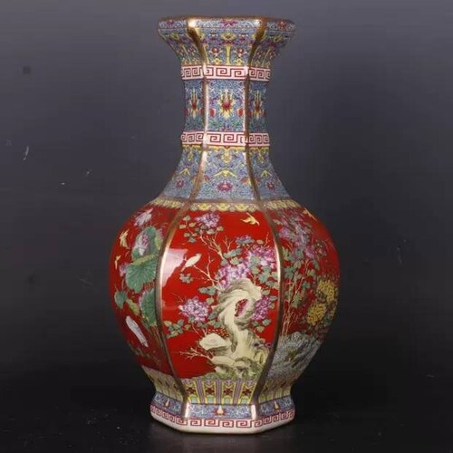 Order Chinese antique porcelain vase,Chinese Qing Dynasty Qianlong colour enamel falangcai gold drawing red crowned crane porcelain Hexagonal vase