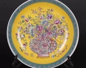Chinese antique porcelain plate,Qing Dynasty Chinese art china Yongzheng marked famille rose porcelain plate yellow ground paint with flower