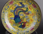 Chinese antique porcelain plate,Qing Dynasty Kangxi marked famille verte gold drawing porcelain plate yellow ground Phoenix pattern plate