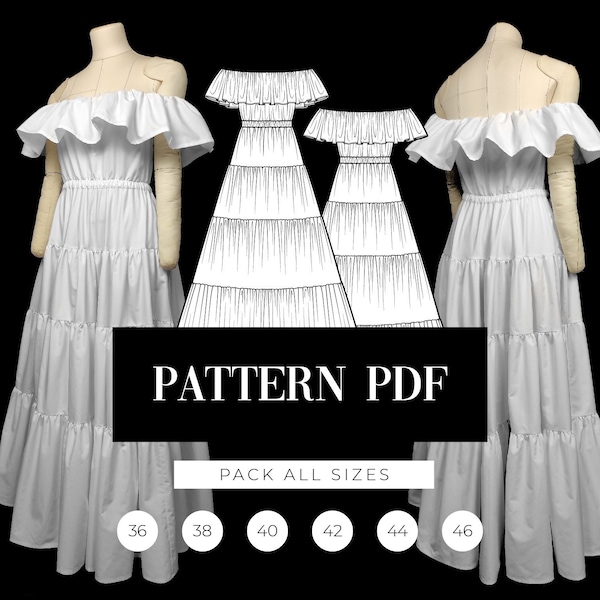 Off-Shoulder Maxi Tiered Dress Digital Pattern | Strapless Ruffle Tiered Gown Pattern | Bardot  Style Maxi Dress PDF Pattern | VideoTutorial