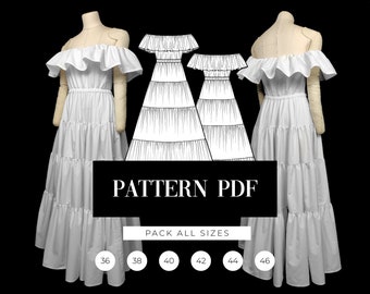 Off-Shoulder Maxi Tiered Dress Digital Pattern | Strapless Ruffle Tiered Gown Pattern | Bardot  Style Maxi Dress PDF Pattern | VideoTutorial