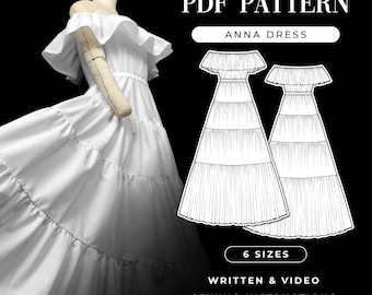 Patrón de costura para vestido largo con hombros descubiertos y capas (patrón PDF)