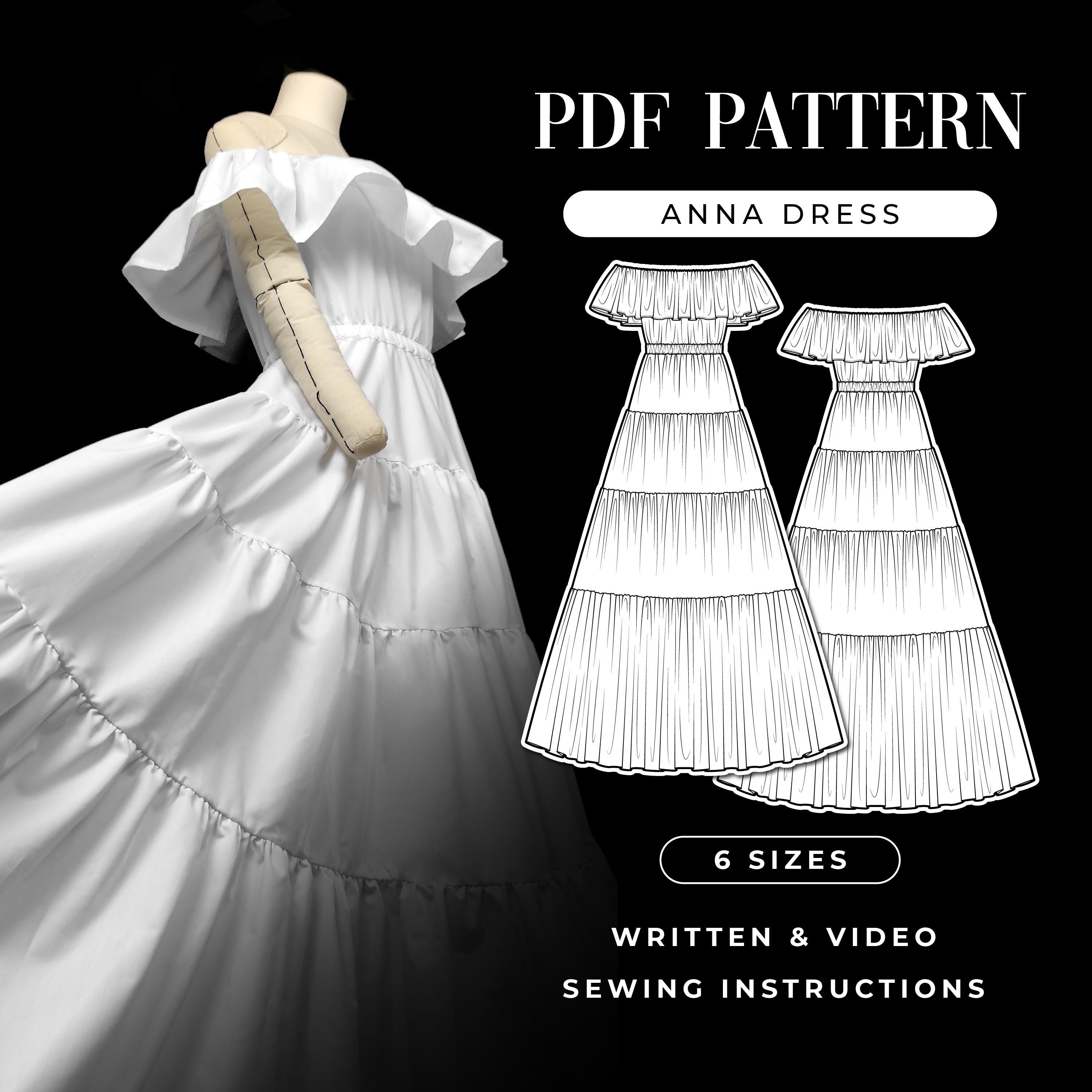 Off-shoulder maxi gelaagde jurk digitaal patroon | Strapless gelaagde jurk met ruches | Maxi-jurk in bardotstijl pdf-patroon | Videozelfstudie