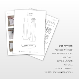 May include: A PDF sewing pattern for an Emma dress. The pattern includes all sizes, printing instructions, a size chart, cutting lay plan, material information, seam allowances, and written sewing instructions.