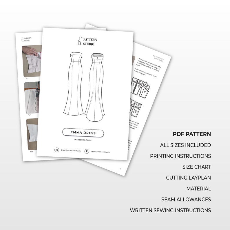 May include: A PDF sewing pattern for an Emma dress. The pattern includes all sizes, printing instructions, a size chart, cutting lay plan, material information, seam allowances, and written sewing instructions.