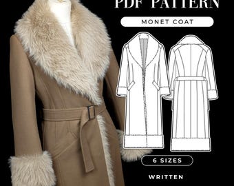 Patrón de costura para abrigo largo de invierno: con cinturón, cuello, puños y dobladillo de piel sintética (patrón PDF)