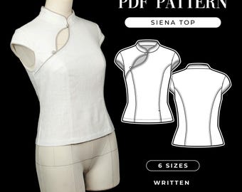 New Chinese Style Sewing Pattern: Mandarin Collar Asymmetric Top, Modern Qipao (PDF Pattern)