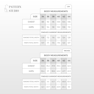 Puede incluir: Un gr&aacute;fico blanco de Pattern Studio con medidas corporales y de prendas en cent&iacute;metros y pulgadas. El gr&aacute;fico incluye tallas 34-44, medidas de pecho, cadera, ancho total del kimono y ancho total del pantal&oacute;n. Medidas en cm y pulgadas.