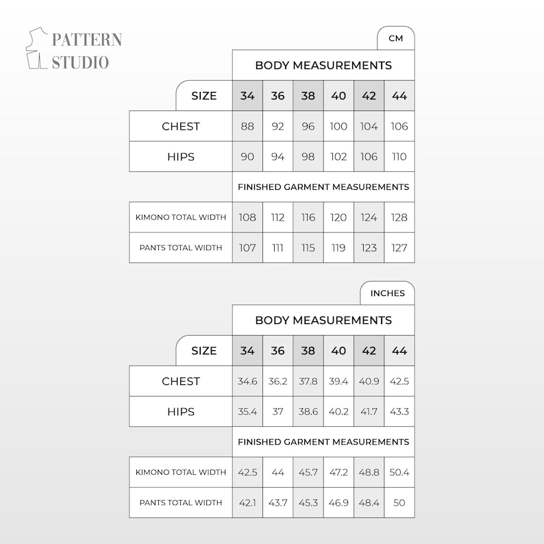 Puede incluir: Un gr&aacute;fico blanco de Pattern Studio con medidas corporales y de prendas en cent&iacute;metros y pulgadas. El gr&aacute;fico incluye tallas 34-44, medidas de pecho, cadera, ancho total del kimono y ancho total del pantal&oacute;n. Medidas en cm y pulgadas.