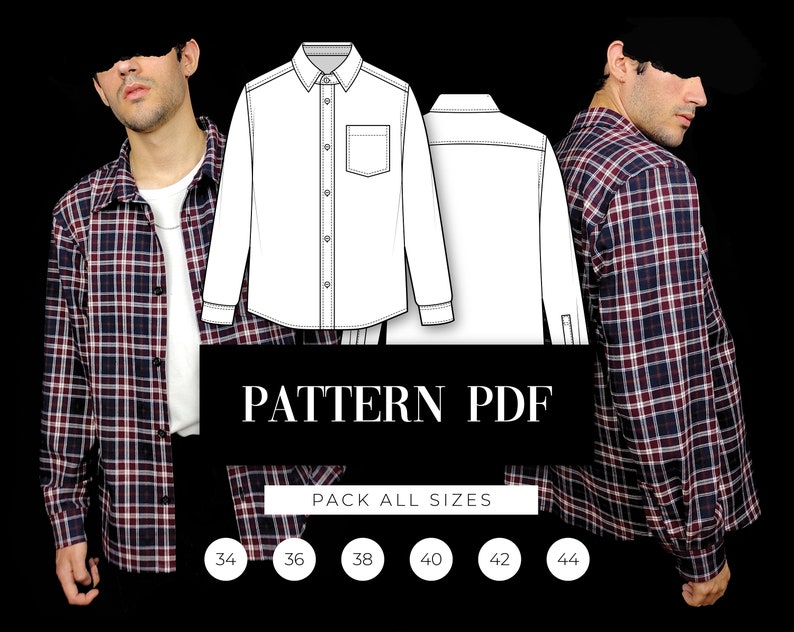 May include: A digital download pattern for a long-sleeved shirt with a button-down collar and a pocket. The pattern includes sizes 34 to 44. "PATTERN PDF" and "PACK ALL SIZES" are written in white text on a black background.