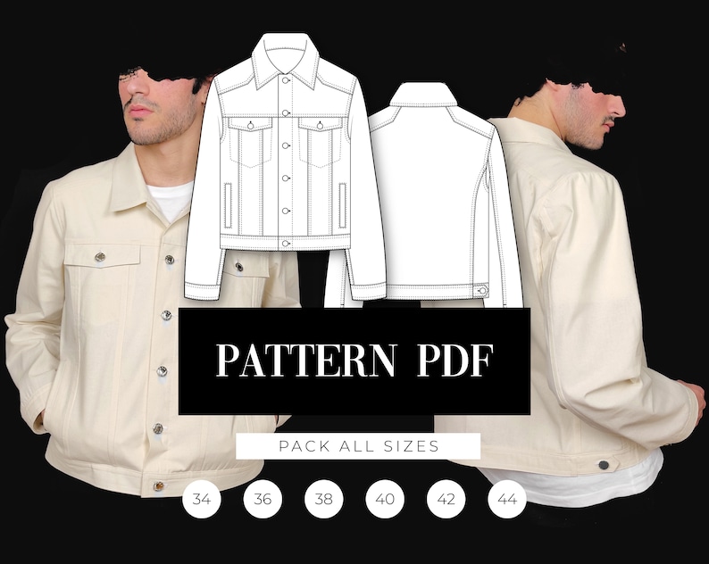 May include: A digital download pattern for a denim jacket in off-white. The pattern includes sizes 34 to 44. The text "PATTERN PDF" and "PACK ALL SIZES" is displayed on the image.