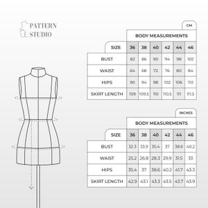 May include: A size chart for a garment pattern with measurements in inches and centimeters. The chart shows bust, waist, hip, and skirt length measurements for sizes 36 to 46.