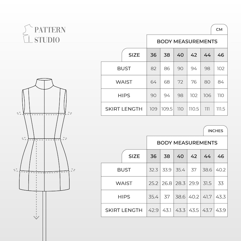 May include: A size chart for a garment pattern with measurements in inches and centimeters. The chart shows bust, waist, hip, and skirt length measurements for sizes 36 to 46.