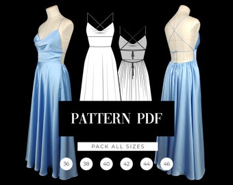 Maxi Cowl Neck Dress Pattern | Prom Backless Dress PDF Pattern | Lace-up Back Gathered Skirt | Bridesmaid Dress Pattern | Video tutorial